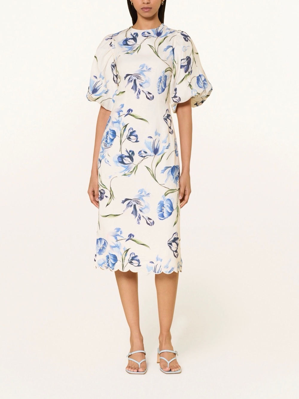By Malina Cream Midi Dress with Blue Floral Print and Puff Sleeves